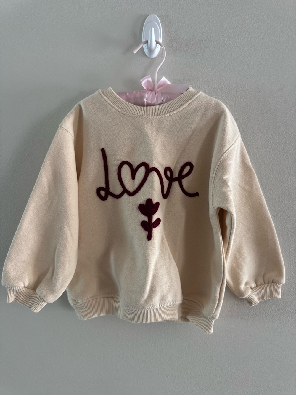 Zara Cream Sweatshirt with Burgundy 'Love' Script